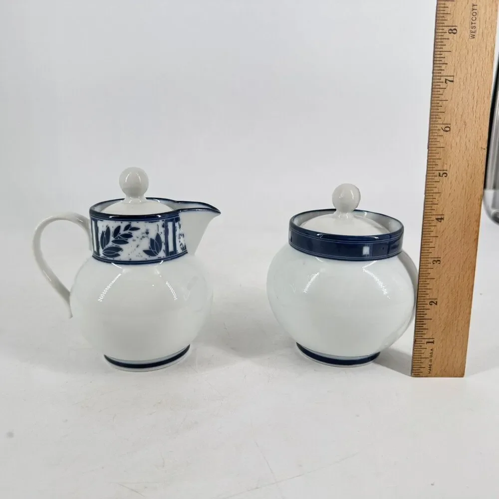 Dansk Ceylon Creamer & Lidded Sugar Bowl Set Blue White Japan